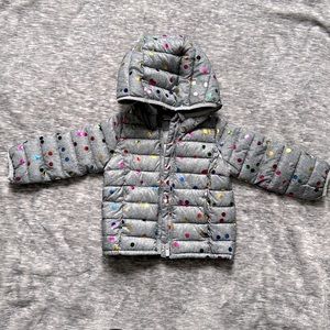 Baby Gap puffer jacket. Grey with rainbow polka dots. NWT. 18-24M.